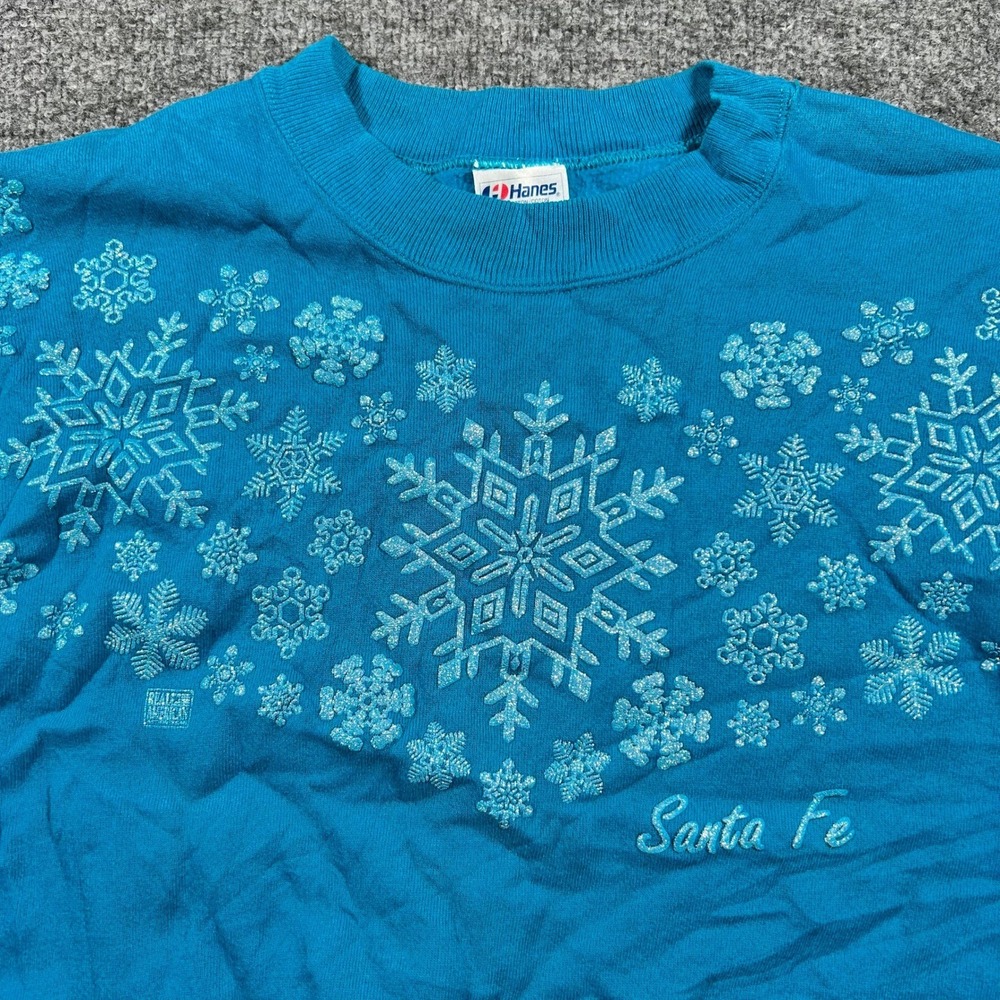 Hanes Sweatshirt Womens Size XL Blue Snowflake Glitter Santa Fe USA Made Vintage